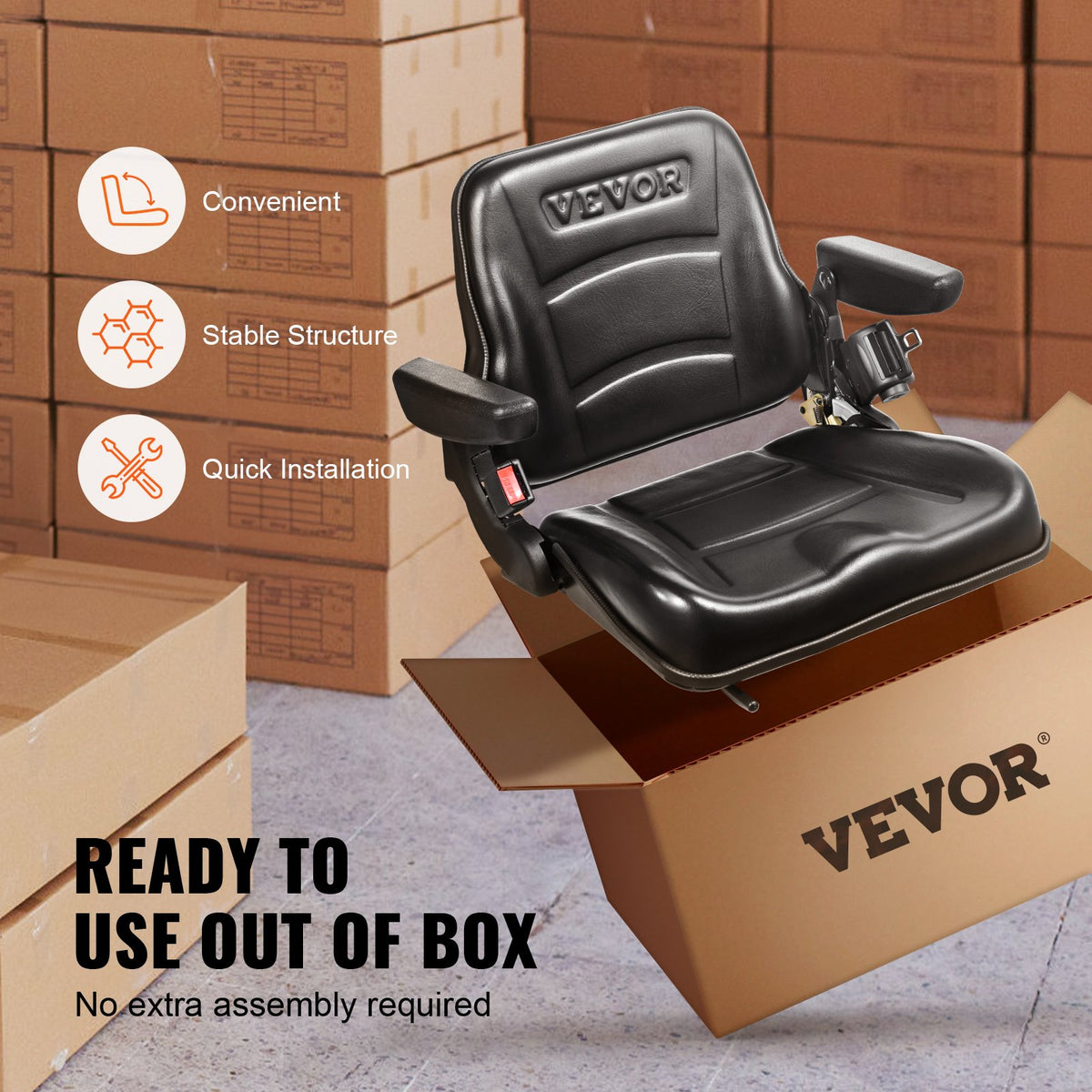VEVOR Universal Loader Seat – Foldable Tractor Seat with Adjustable Backrest Angle, Micro Switch, Safety Belt and Armrests, 160–340 mm Mounting Holes – for Tractors, Loaders and Excavators