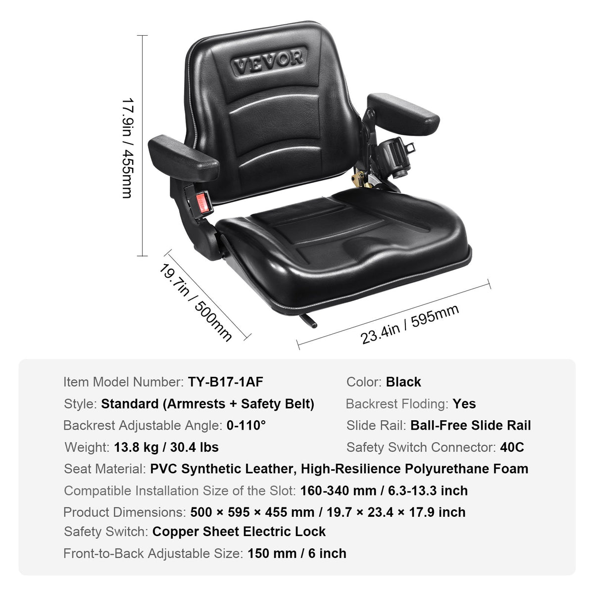 VEVOR Universal Loader Seat – Foldable Tractor Seat with Adjustable Backrest Angle, Micro Switch, Safety Belt and Armrests, 160–340 mm Mounting Holes – for Tractors, Loaders and Excavators
