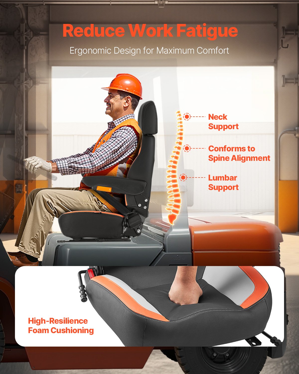 VEVOR Universal Loader Seat, Tractor Seat with Adjustable Backrest, Armrests, Headrest and Safety Belt, Safe Seat with Micro Switch, Ergonomic Lawn Mower Seat for Mini Loader and Bulldozer