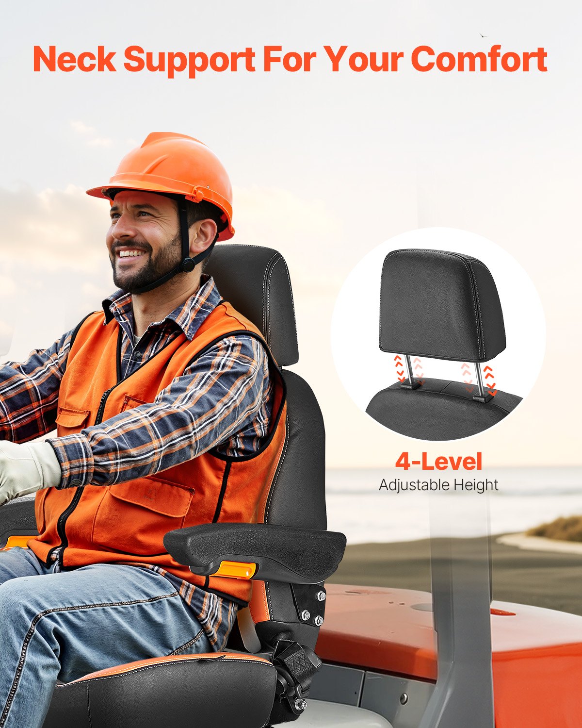 VEVOR Universal Loader Seat, Tractor Seat with Adjustable Backrest, Armrests, Headrest and Safety Belt, Safe Seat with Micro Switch, Ergonomic Lawn Mower Seat for Mini Loader and Bulldozer