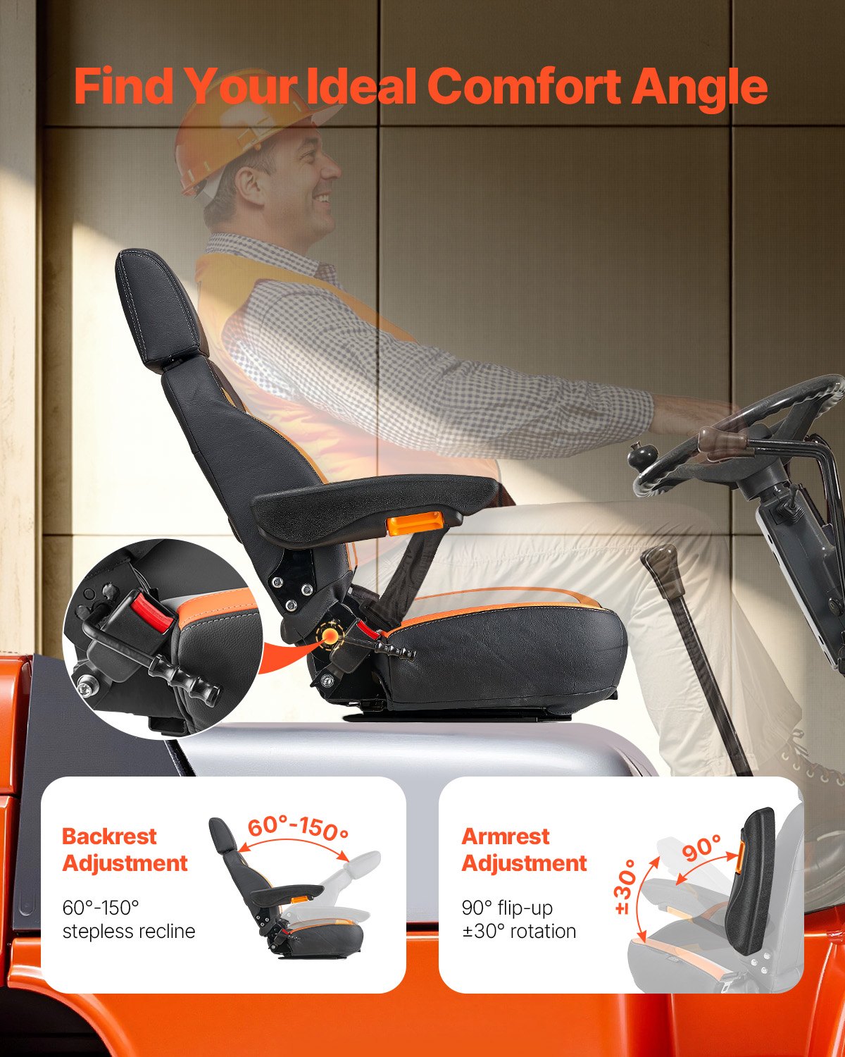VEVOR Universal Loader Seat, Tractor Seat with Adjustable Backrest, Armrests, Headrest and Safety Belt, Safe Seat with Micro Switch, Ergonomic Lawn Mower Seat for Mini Loader and Bulldozer