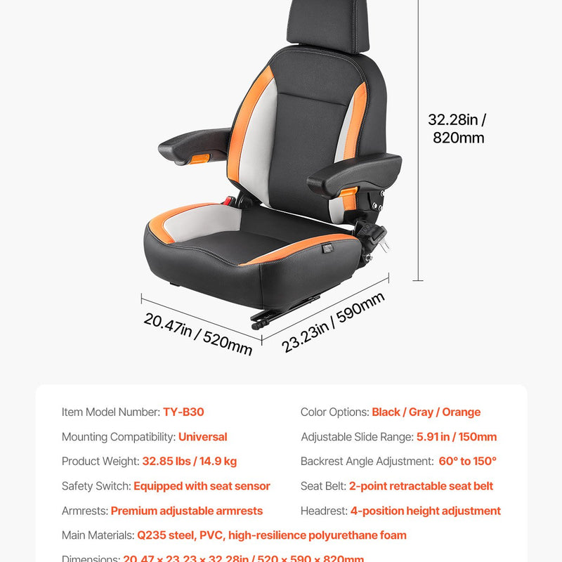 VEVOR Stividora Sēde, Zāles Pļāvēja Traktora Sēde, Regulējama Aizmugures Josta un Galvas Balsts