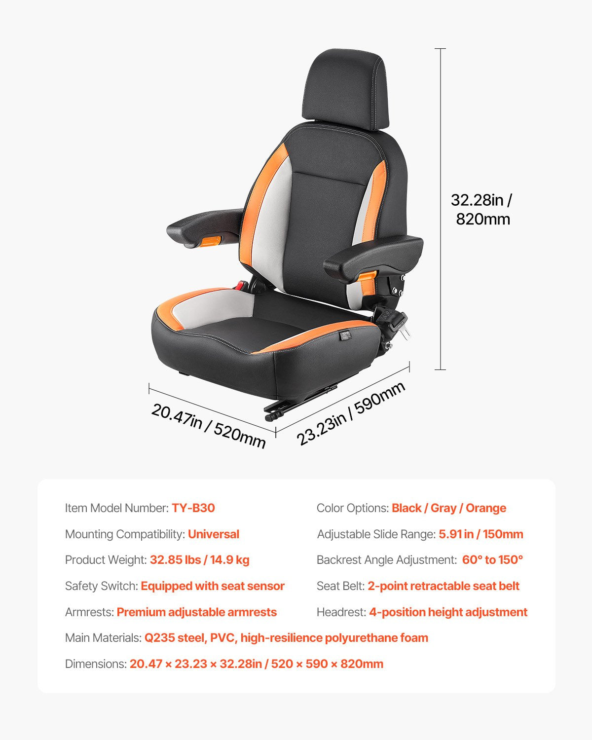 VEVOR Universal Loader Seat, Tractor Seat with Adjustable Backrest, Armrests, Headrest and Safety Belt, Safe Seat with Micro Switch, Ergonomic Lawn Mower Seat for Mini Loader and Bulldozer