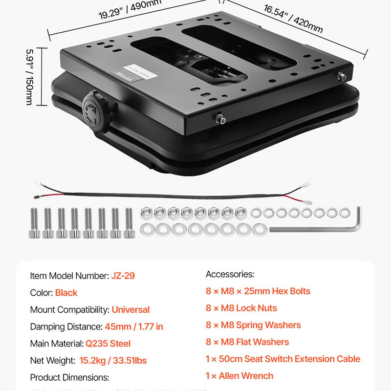 VEVOR sēdekļa piekares komplekts bez slīdēšanas sliedēm, piemērots zāles pļāvējiem, iekrāvējiem un traktoriem