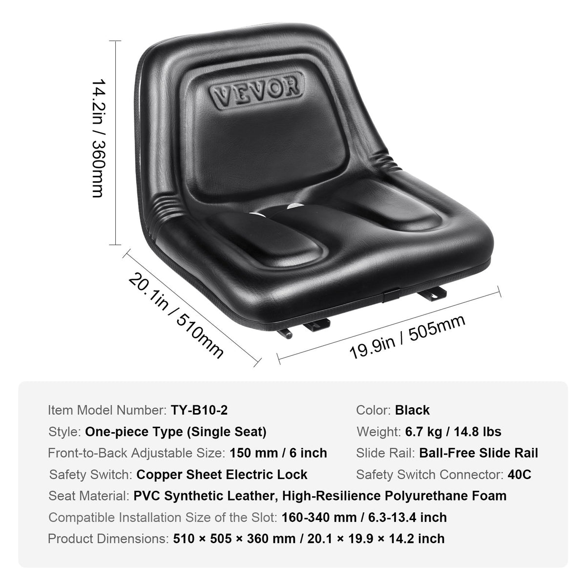 VEVOR Universal Tractor Seat, Lawn Mower Seat with Micro Switch and Drainage Holes, 160–340 mm Mounting Distance, Suitable for Tractors, Loaders and Excavators