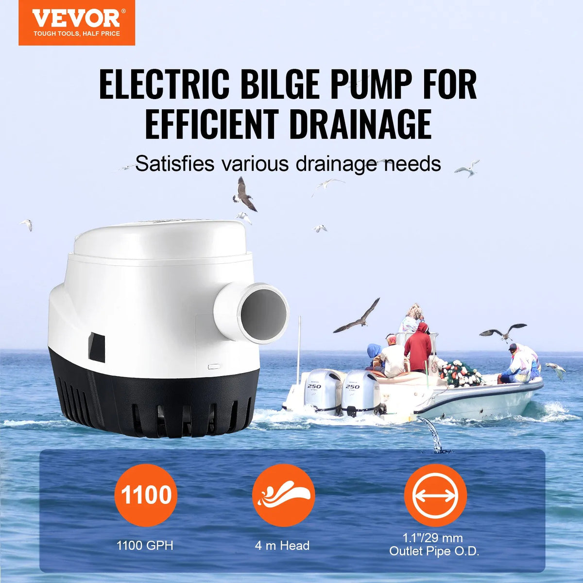 VEVOR 12V Automatic Submersible Boat Bilge Water Pump with Float Switch, 69 l/min Flow Rate, 29 mm Discharge Diameter, Suitable for Boats, Ponds, Pools and Basements