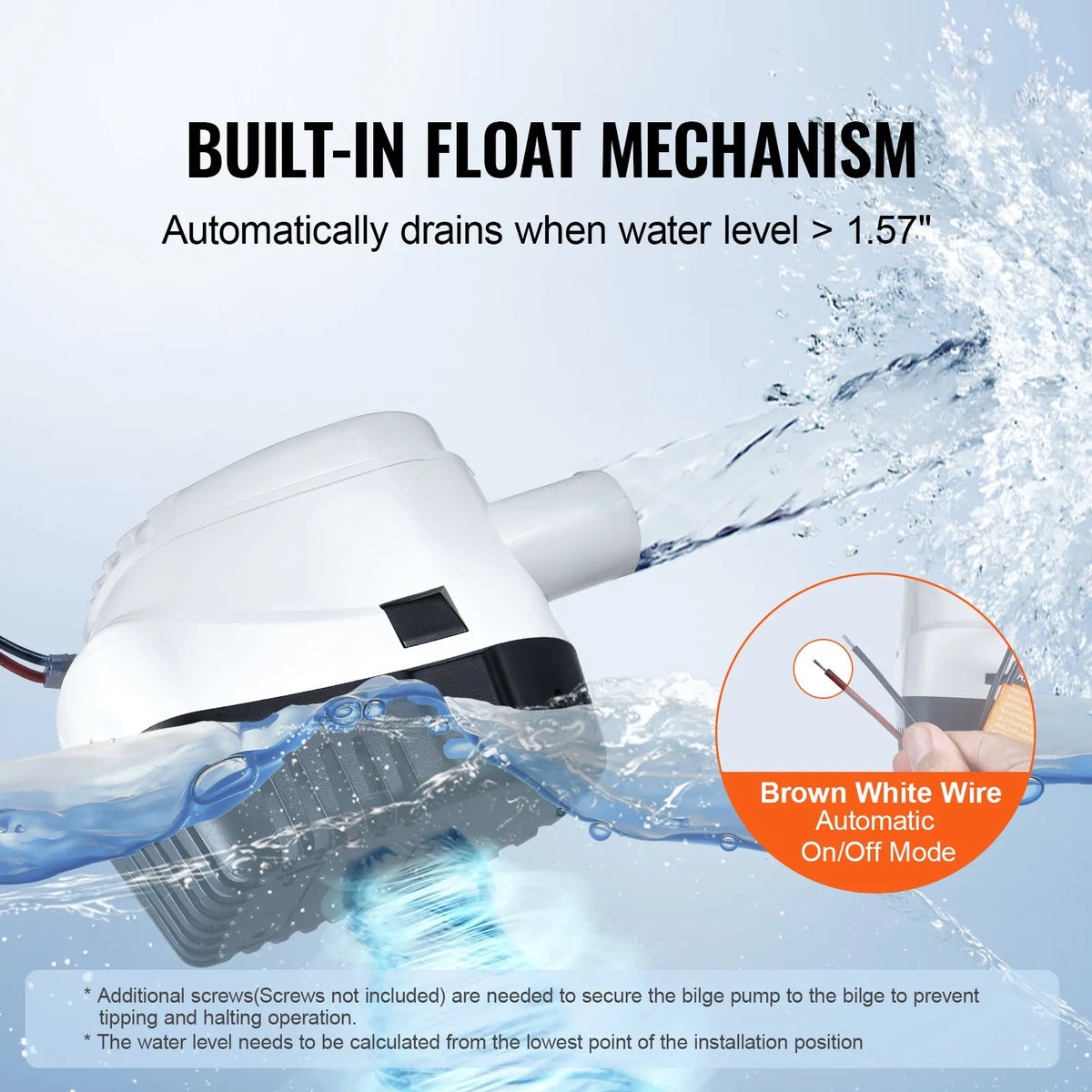 VEVOR 12V Automatic Submersible Boat Bilge Water Pump with Float Switch, 69 l/min Flow Rate, 29 mm Discharge Diameter, Suitable for Boats, Ponds, Pools and Basements