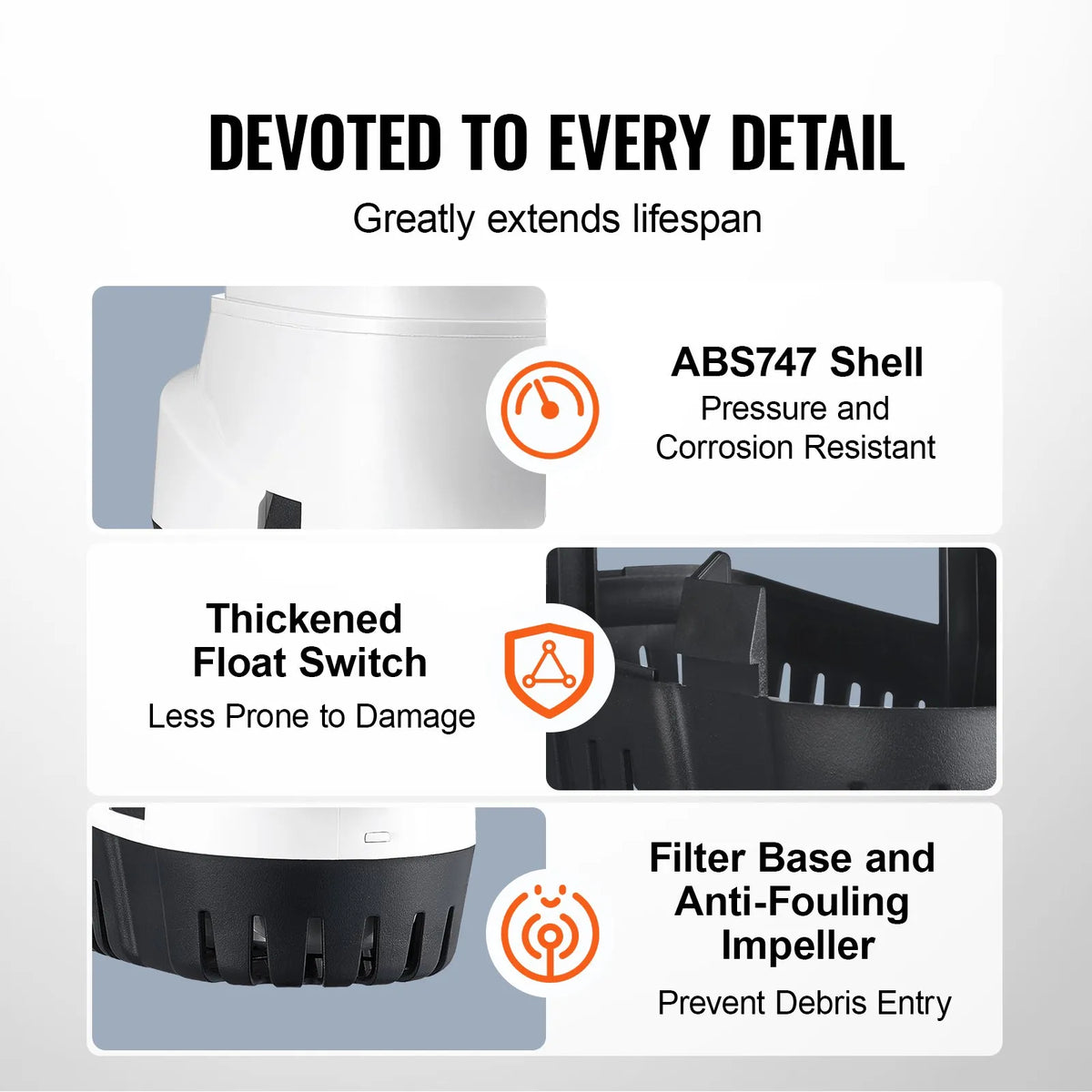 VEVOR 12V Automatic Submersible Boat Bilge Water Pump with Float Switch, 69 l/min Flow Rate, 29 mm Discharge Diameter, Suitable for Boats, Ponds, Pools and Basements