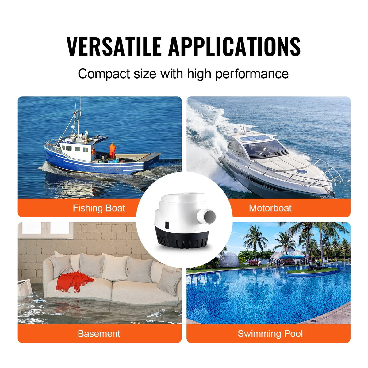 VEVOR 12V Automatic Submersible Boat Bilge Water Pump with Float Switch, 69 l/min Flow Rate, 29 mm Discharge Diameter, Suitable for Boats, Ponds, Pools and Basements