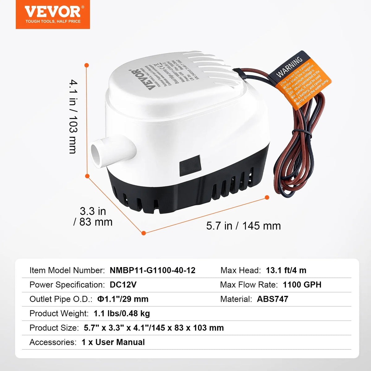 VEVOR 12V Automatic Submersible Boat Bilge Water Pump with Float Switch, 69 l/min Flow Rate, 29 mm Discharge Diameter, Suitable for Boats, Ponds, Pools and Basements