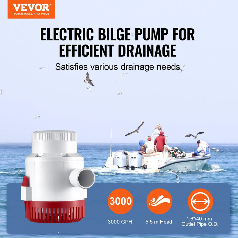 VEVOR 12 V automātiska iegremdējama laivas bilžas ūdens sūknis ar pludiņa slēdzi, caurplūdums 189 l/min, izplūdes diametrs 40 mm, piemērots laivām, dīķiem, baseiniem un pagrabiem