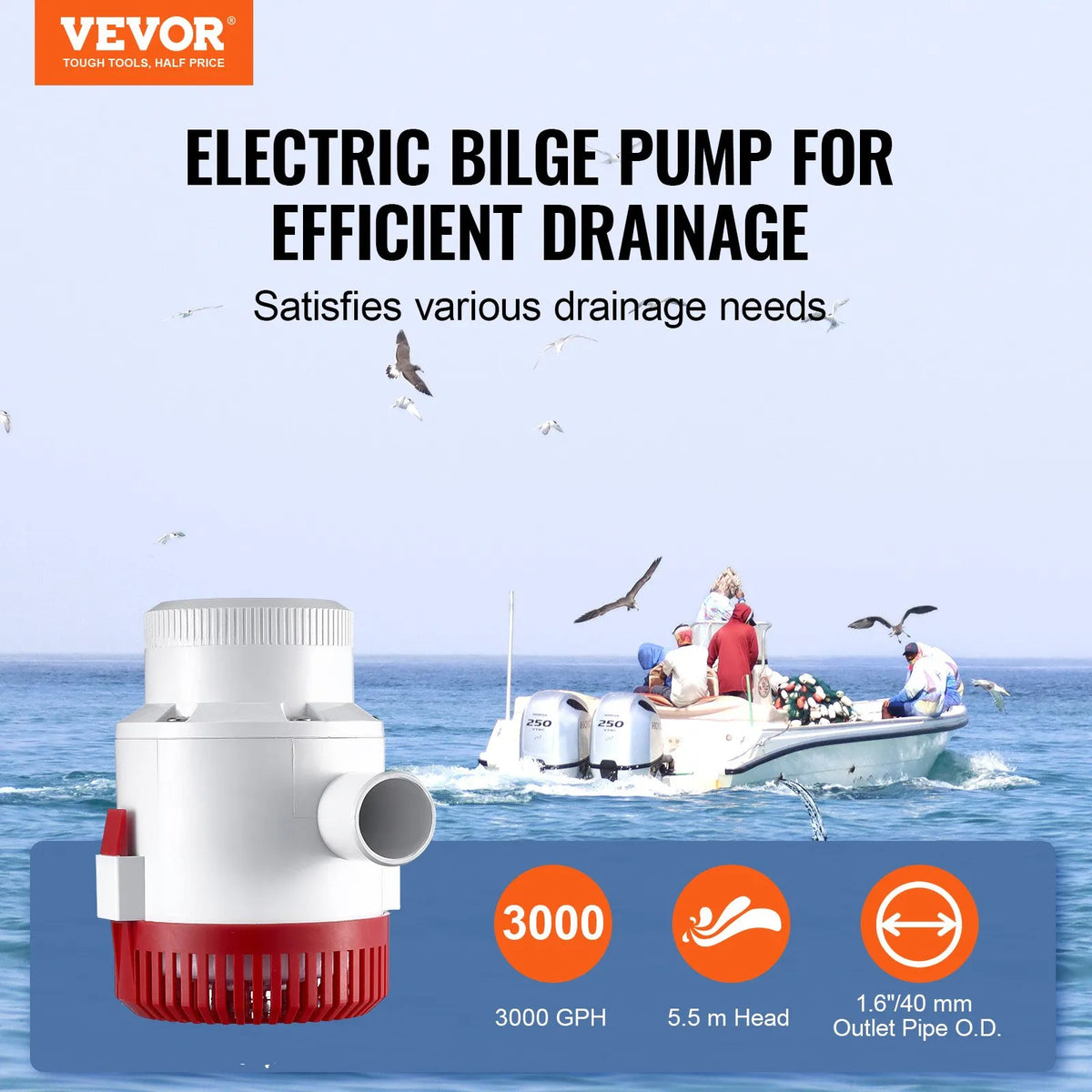 VEVOR 12V Automatic Submersible Boat Bilge Water Pump with Float Switch, 189 L/min Flow Rate, 40 mm Discharge Diameter, Suitable for Boats, Ponds, Pools and Basements