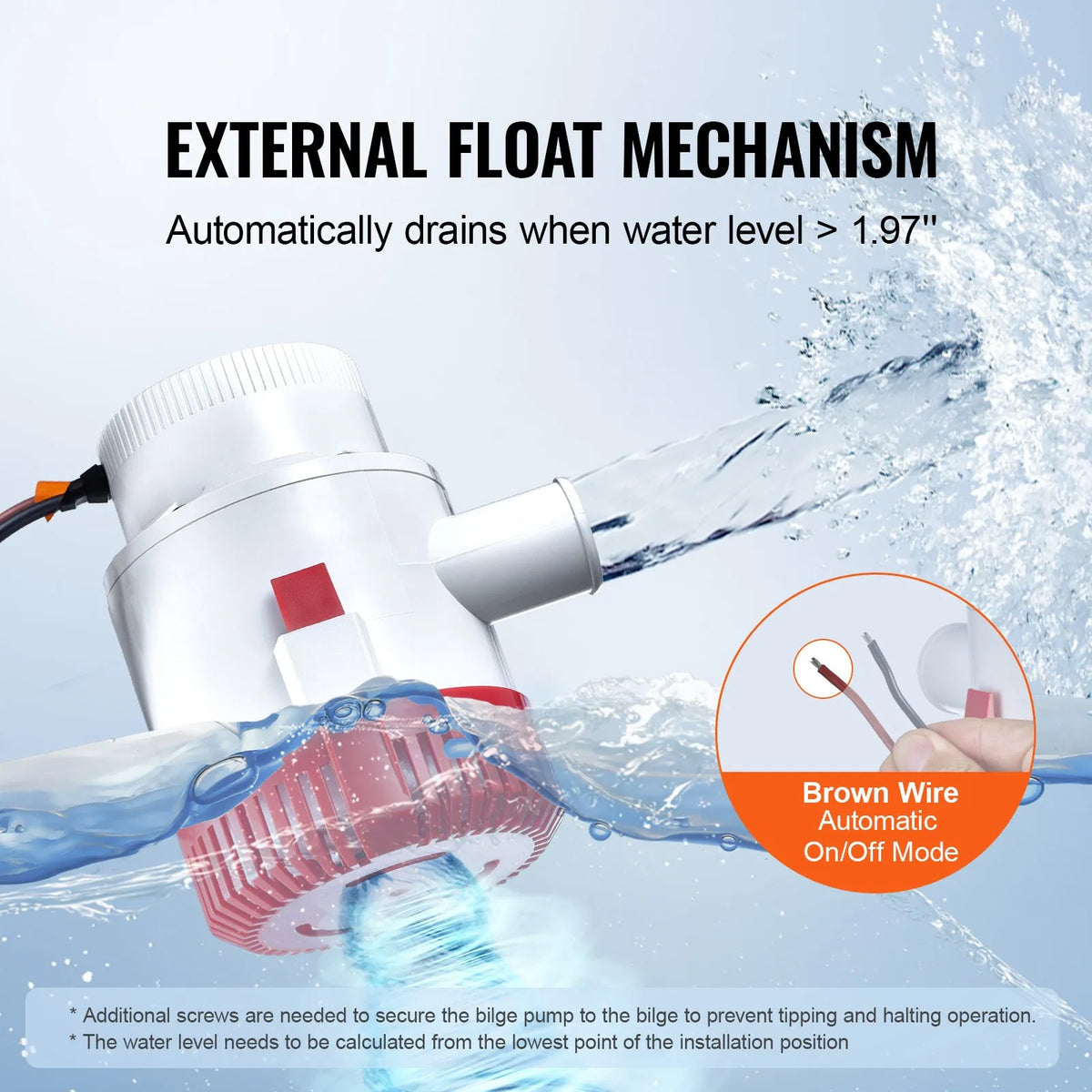 VEVOR 12V Automatic Submersible Boat Bilge Water Pump with Float Switch, 189 L/min Flow Rate, 40 mm Discharge Diameter, Suitable for Boats, Ponds, Pools and Basements