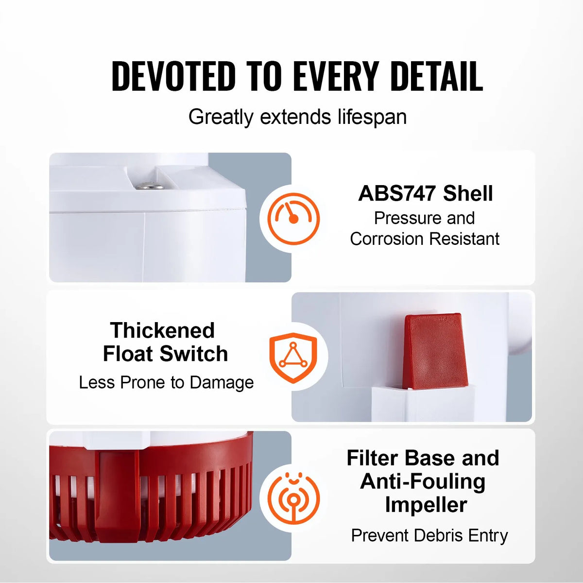 VEVOR 12V Automatic Submersible Boat Bilge Water Pump with Float Switch, 189 L/min Flow Rate, 40 mm Discharge Diameter, Suitable for Boats, Ponds, Pools and Basements