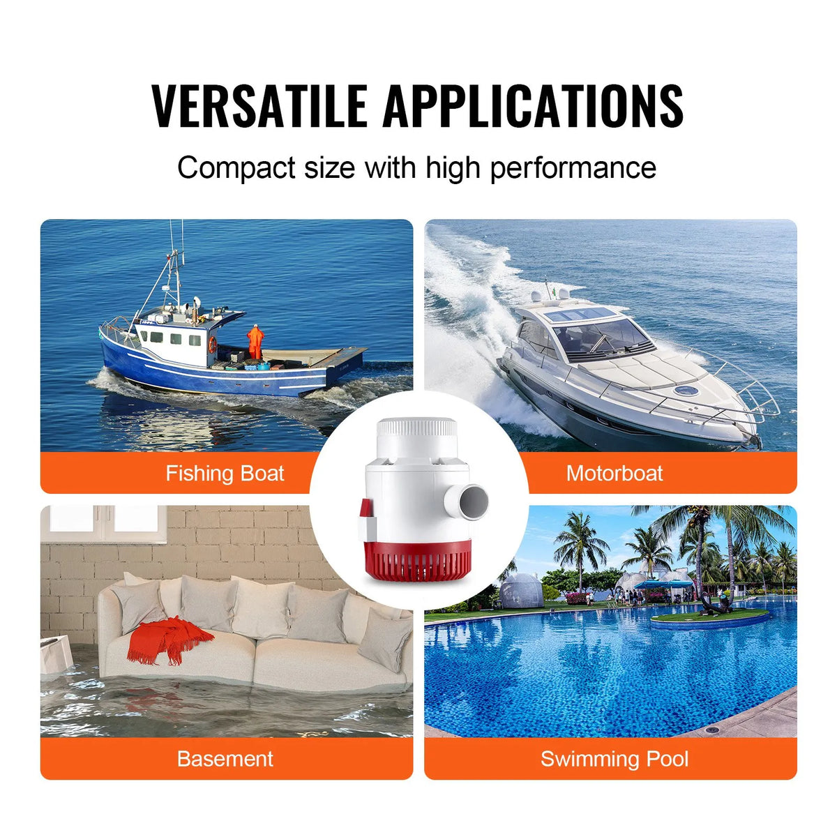 VEVOR 12V Automatic Submersible Boat Bilge Water Pump with Float Switch, 189 L/min Flow Rate, 40 mm Discharge Diameter, Suitable for Boats, Ponds, Pools and Basements