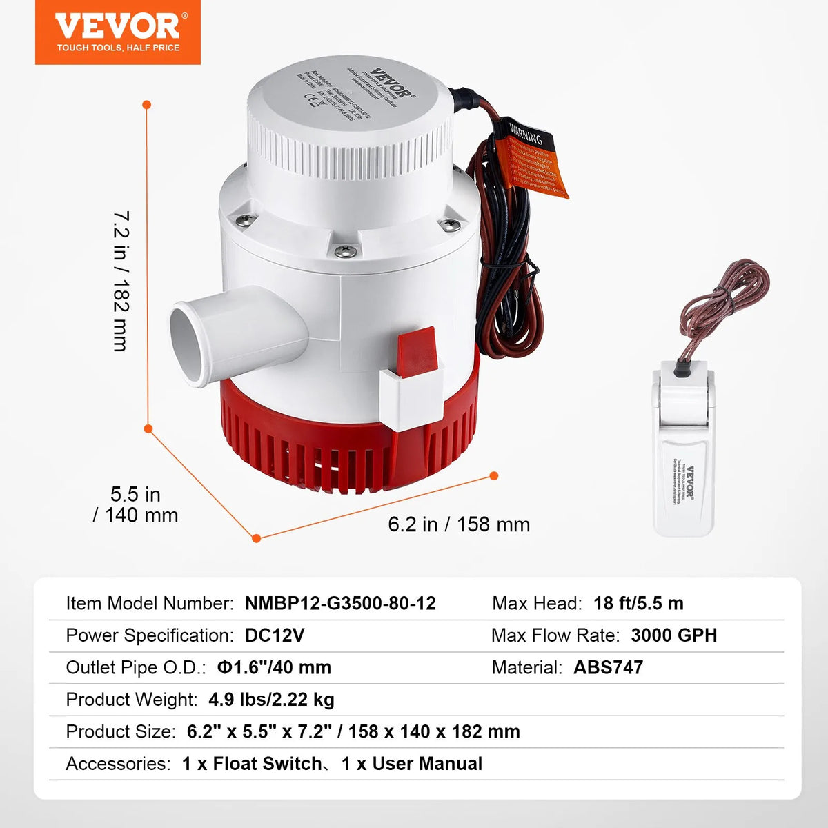 VEVOR 12V Automatic Submersible Boat Bilge Water Pump with Float Switch, 189 L/min Flow Rate, 40 mm Discharge Diameter, Suitable for Boats, Ponds, Pools and Basements