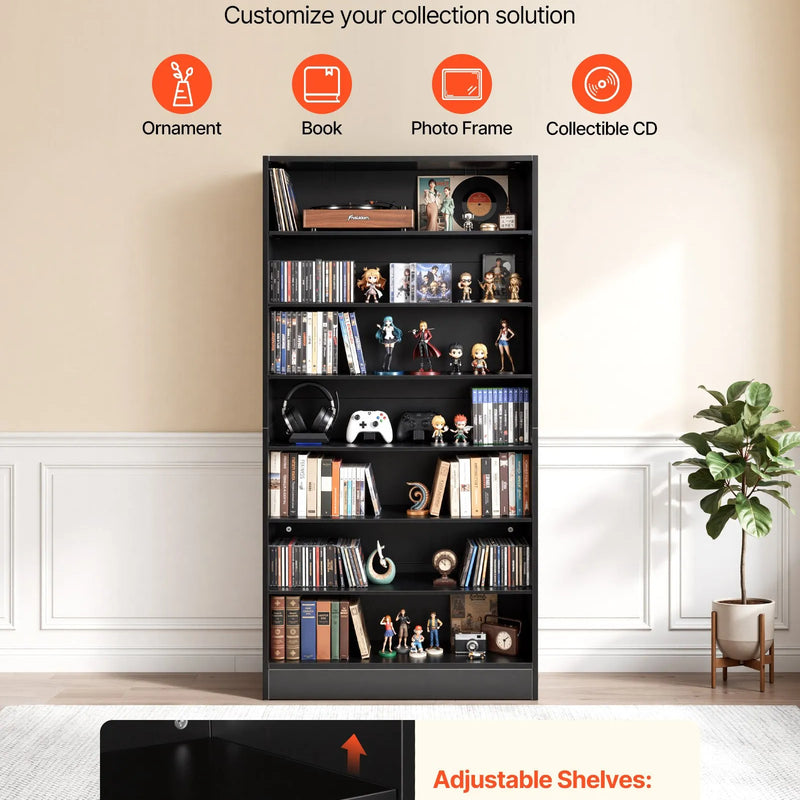 VEVOR multimediju uzglabāšanas skapis ar 7 līmeņiem, DVD plauktu organizators 700 x 300 x 1400 mm CD, DVD, grāmatām un spēlēm, plaukts viesistabai, mājas birojam un ierakstu telpai - ZEMLETES.LV