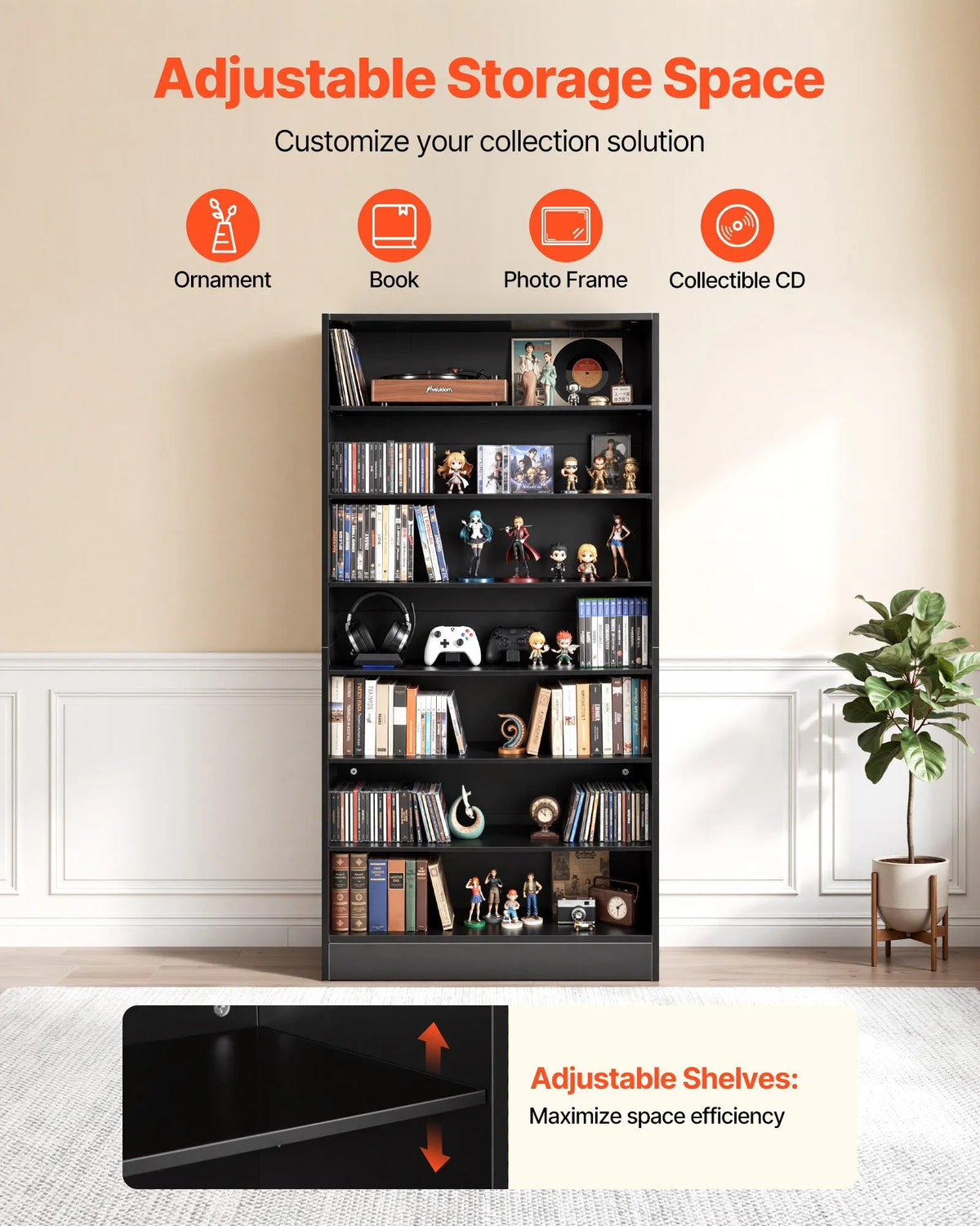 VEVOR multimediju uzglabāšanas skapis ar 7 līmeņiem, DVD plauktu organizators 700 x 300 x 1400 mm CD, DVD, grāmatām un spēlēm, plaukts viesistabai, mājas birojam un ierakstu telpai - ZEMLETES.LV