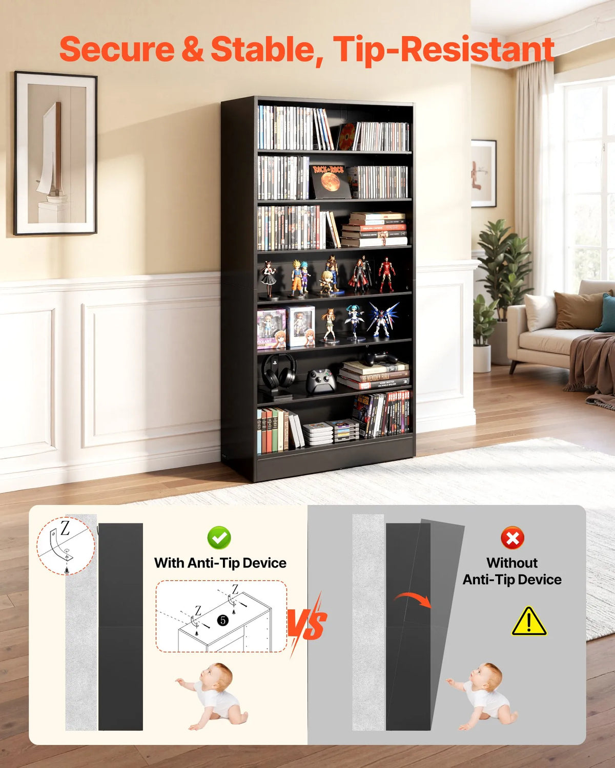 VEVOR multimediju uzglabāšanas skapis ar 7 līmeņiem, DVD plauktu organizators 700 x 300 x 1400 mm CD, DVD, grāmatām un spēlēm, plaukts viesistabai, mājas birojam un ierakstu telpai - ZEMLETES.LV
