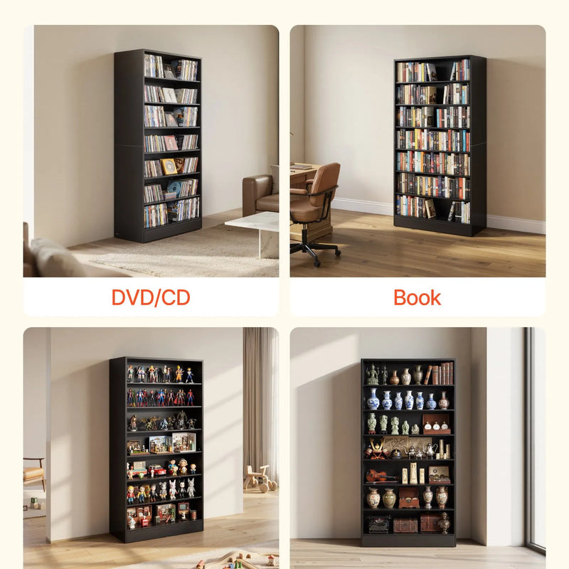 VEVOR multimediju uzglabāšanas skapis ar 7 līmeņiem, DVD plauktu organizators 700 x 300 x 1400 mm CD, DVD, grāmatām un spēlēm, plaukts viesistabai, mājas birojam un ierakstu telpai - ZEMLETES.LV