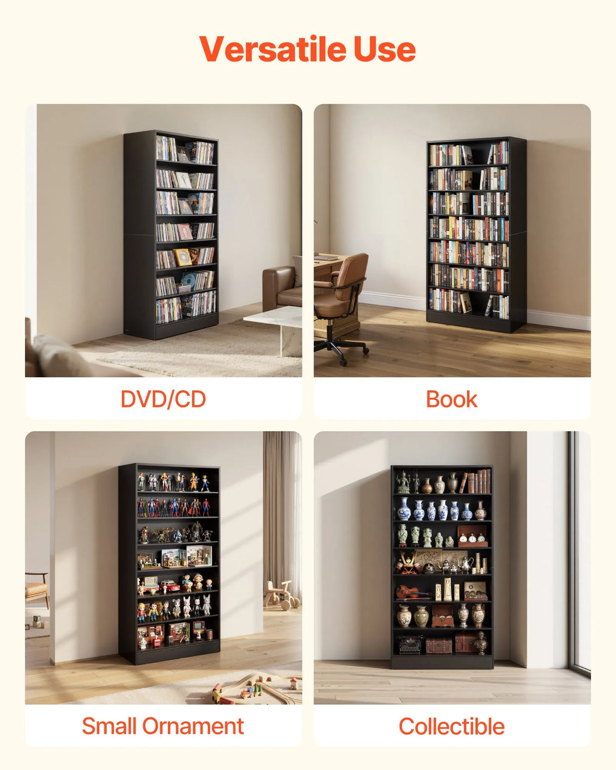 VEVOR multimediju uzglabāšanas skapis ar 7 līmeņiem, DVD plauktu organizators 700 x 300 x 1400 mm CD, DVD, grāmatām un spēlēm, plaukts viesistabai, mājas birojam un ierakstu telpai - ZEMLETES.LV