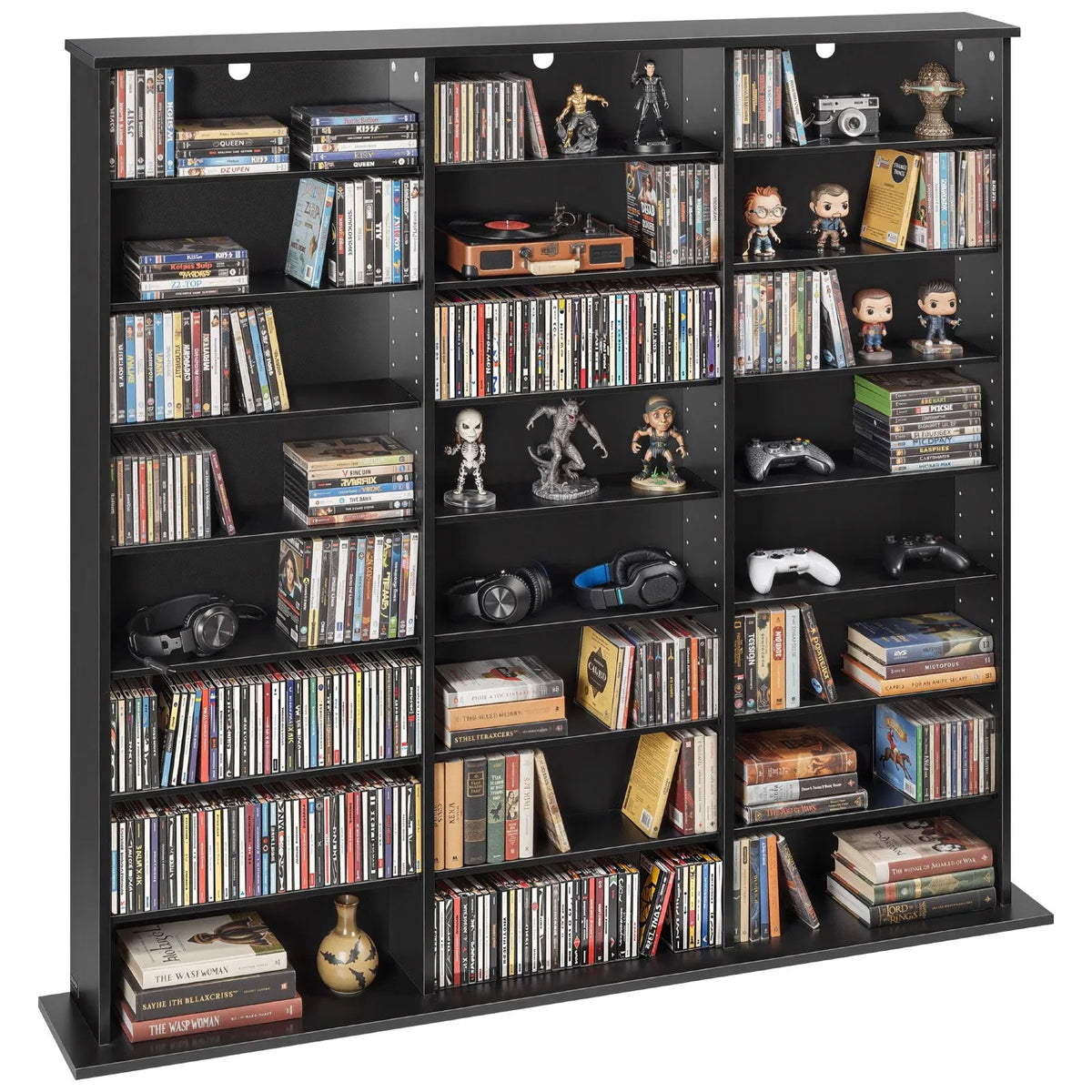 VEVOR multimediju uzglabāšanas skapis ar 8 līmeņiem, DVD plauktu organizators 142 x 22 x 130 cm CD, DVD, grāmatām un spēlēm, plaukts viesistabai, mājas birojam un ierakstu telpai, melns - ZEMLETES.LV
