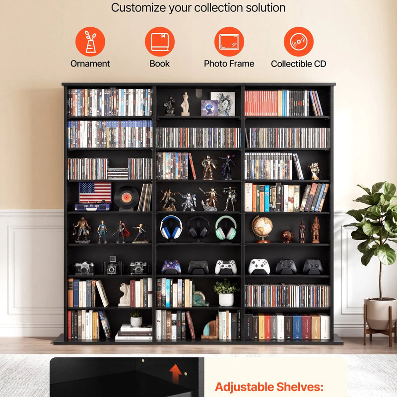 VEVOR multimediju uzglabāšanas skapis ar 8 līmeņiem, DVD plauktu organizators 142 x 22 x 130 cm CD, DVD, grāmatām un spēlēm, plaukts viesistabai, mājas birojam un ierakstu telpai, melns - ZEMLETES.LV