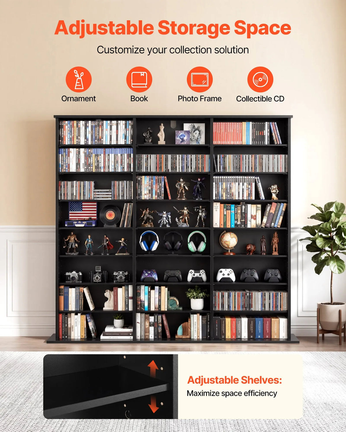 VEVOR multimediju uzglabāšanas skapis ar 8 līmeņiem, DVD plauktu organizators 142 x 22 x 130 cm CD, DVD, grāmatām un spēlēm, plaukts viesistabai, mājas birojam un ierakstu telpai, melns - ZEMLETES.LV