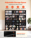 VEVOR multimediju uzglabāšanas skapis ar 8 līmeņiem, DVD plauktu organizators 142 x 22 x 130 cm CD, DVD, grāmatām un spēlēm, plaukts viesistabai, mājas birojam un ierakstu telpai, melns - ZEMLETES.LV