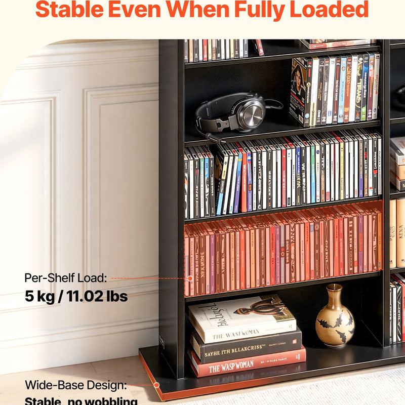VEVOR multimediju uzglabāšanas skapis ar 8 līmeņiem, DVD plauktu organizators 142 x 22 x 130 cm CD, DVD, grāmatām un spēlēm, plaukts viesistabai, mājas birojam un ierakstu telpai, melns - ZEMLETES.LV