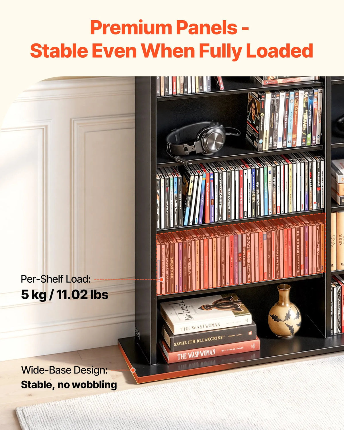 VEVOR multimediju uzglabāšanas skapis ar 8 līmeņiem, DVD plauktu organizators 142 x 22 x 130 cm CD, DVD, grāmatām un spēlēm, plaukts viesistabai, mājas birojam un ierakstu telpai, melns - ZEMLETES.LV