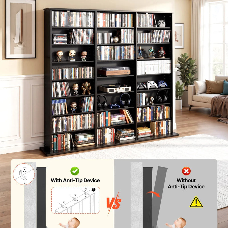 VEVOR multimediju uzglabāšanas skapis ar 8 līmeņiem, DVD plauktu organizators 142 x 22 x 130 cm CD, DVD, grāmatām un spēlēm, plaukts viesistabai, mājas birojam un ierakstu telpai, melns - ZEMLETES.LV