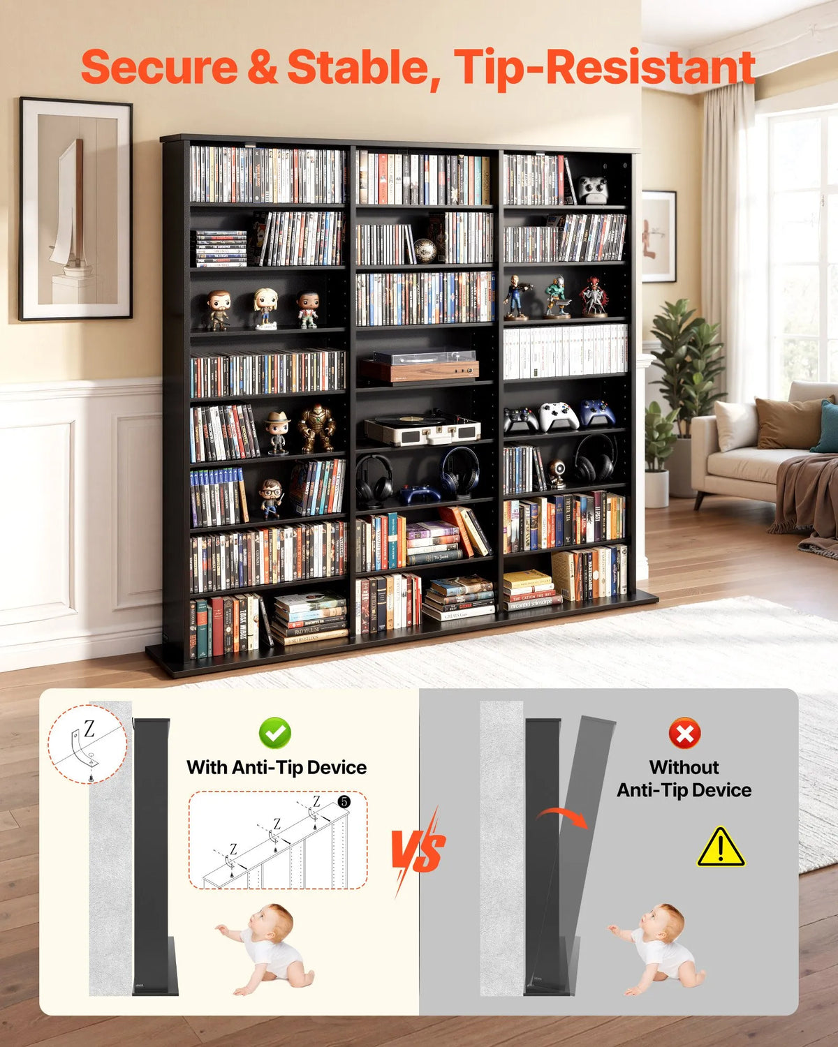 VEVOR multimediju uzglabāšanas skapis ar 8 līmeņiem, DVD plauktu organizators 142 x 22 x 130 cm CD, DVD, grāmatām un spēlēm, plaukts viesistabai, mājas birojam un ierakstu telpai, melns - ZEMLETES.LV