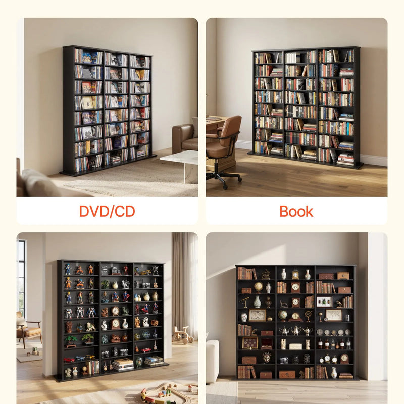 VEVOR multimediju uzglabāšanas skapis ar 8 līmeņiem, DVD plauktu organizators 142 x 22 x 130 cm CD, DVD, grāmatām un spēlēm, plaukts viesistabai, mājas birojam un ierakstu telpai, melns - ZEMLETES.LV