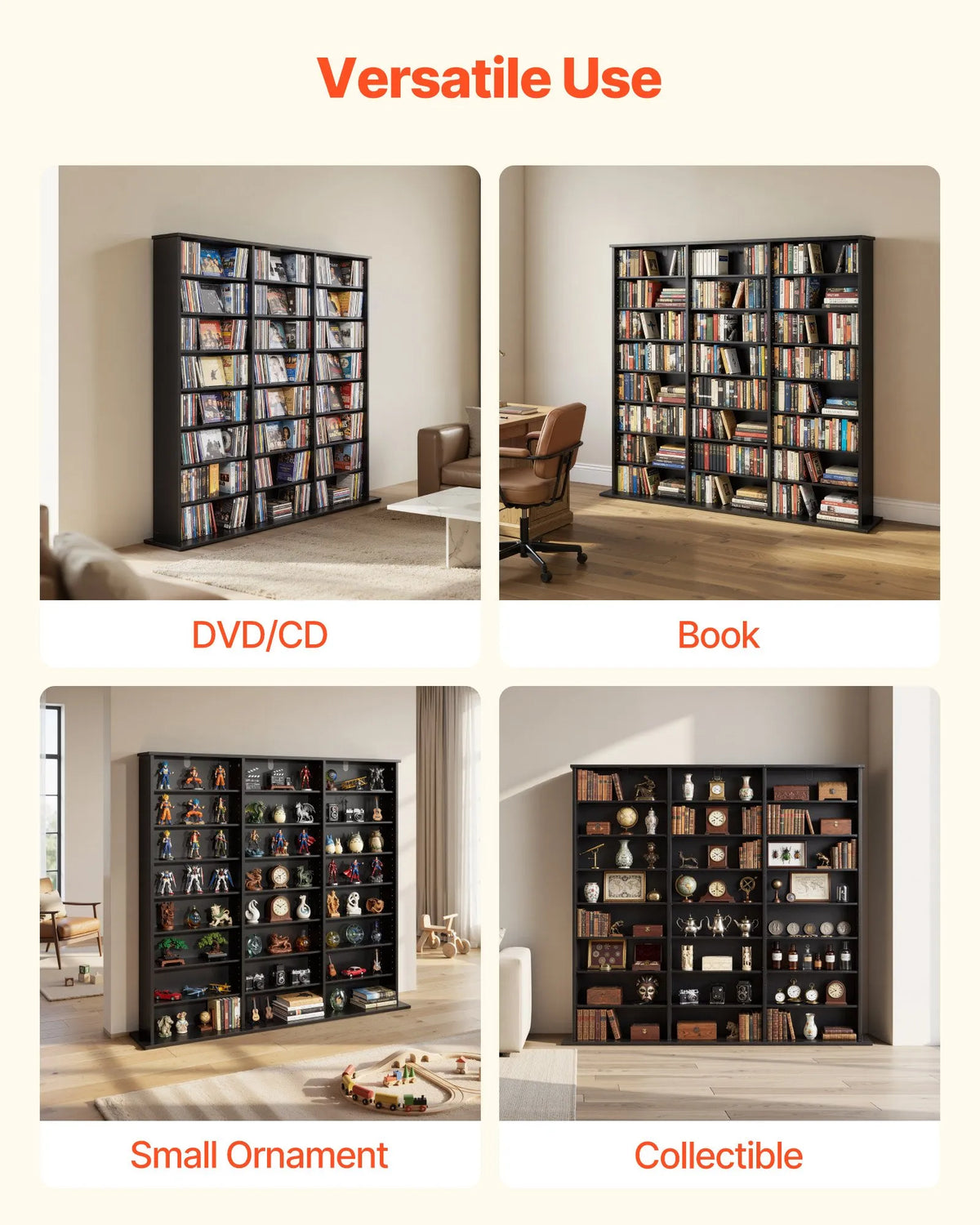 VEVOR multimediju uzglabāšanas skapis ar 8 līmeņiem, DVD plauktu organizators 142 x 22 x 130 cm CD, DVD, grāmatām un spēlēm, plaukts viesistabai, mājas birojam un ierakstu telpai, melns - ZEMLETES.LV