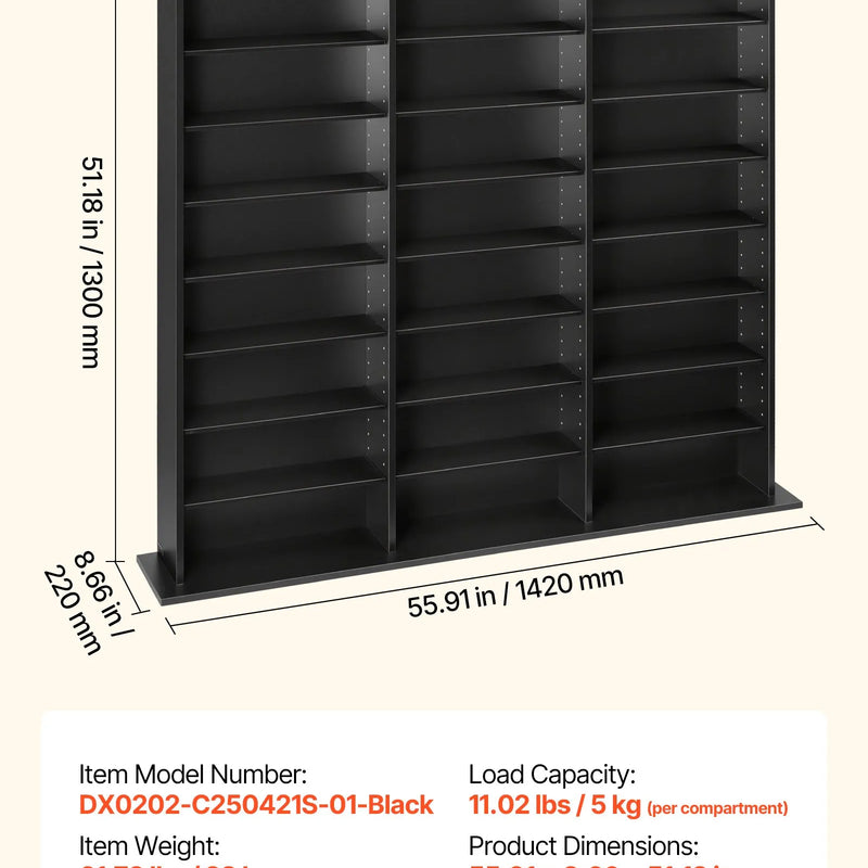 VEVOR multimediju uzglabāšanas skapis ar 8 līmeņiem, DVD plauktu organizators 142 x 22 x 130 cm CD, DVD, grāmatām un spēlēm, plaukts viesistabai, mājas birojam un ierakstu telpai, melns - ZEMLETES.LV