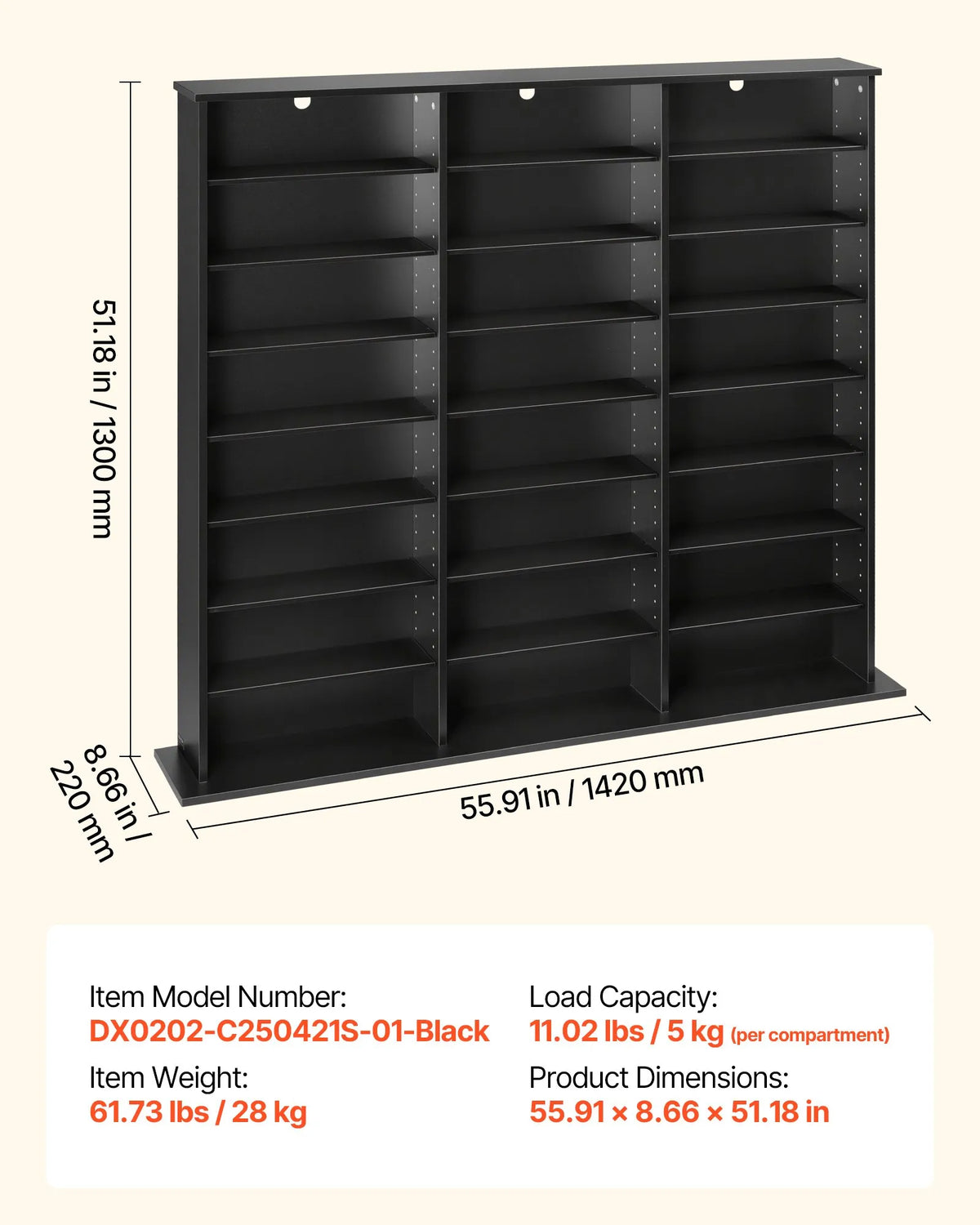 VEVOR multimediju uzglabāšanas skapis ar 8 līmeņiem, DVD plauktu organizators 142 x 22 x 130 cm CD, DVD, grāmatām un spēlēm, plaukts viesistabai, mājas birojam un ierakstu telpai, melns - ZEMLETES.LV
