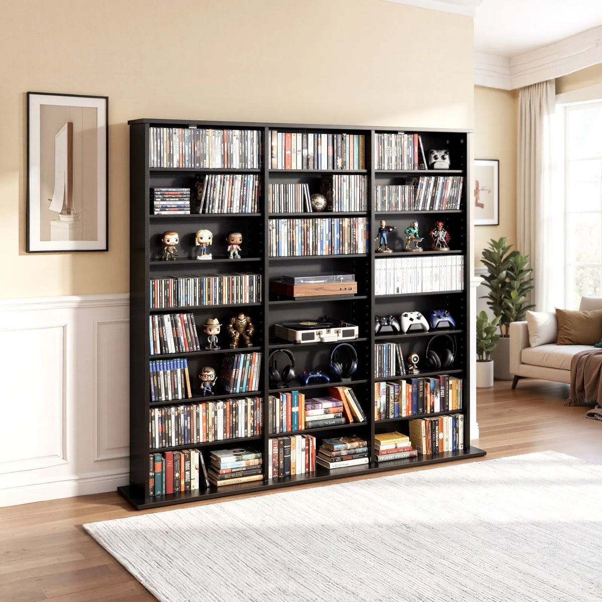 VEVOR multimediju uzglabāšanas skapis ar 8 līmeņiem, DVD plauktu organizators 142 x 22 x 130 cm CD, DVD, grāmatām un spēlēm, plaukts viesistabai, mājas birojam un ierakstu telpai, melns - ZEMLETES.LV