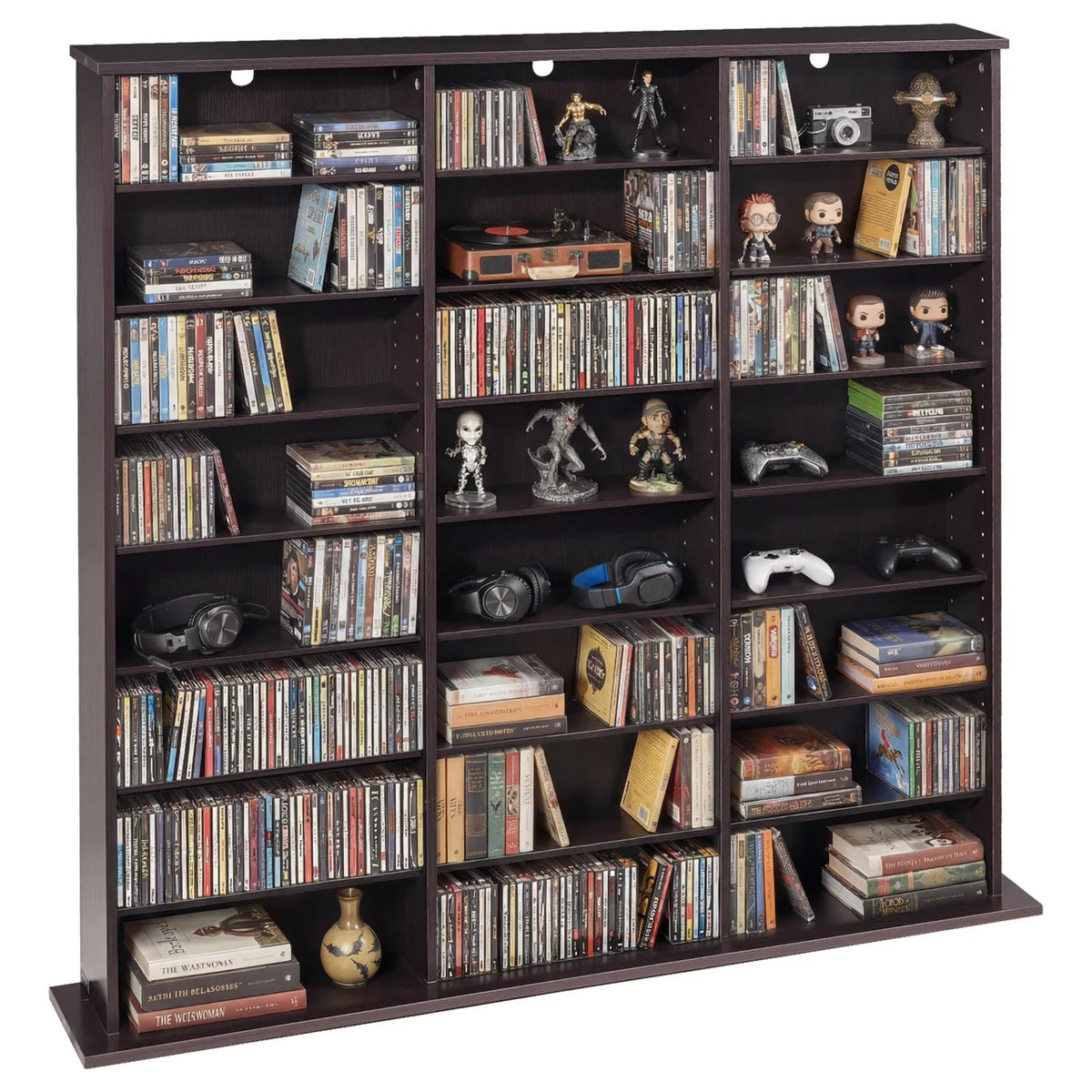 VEVOR multimediju uzglabāšanas skapis ar 8 līmeņiem, DVD plauktu organizators 142 x 22 x 130 cm CD, DVD, grāmatām un spēlēm, plaukts viesistabai, mājas birojam un ierakstu telpai, brūns - ZEMLETES.LV