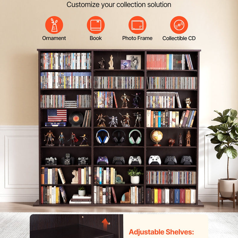 VEVOR multimediju uzglabāšanas skapis ar 8 līmeņiem, DVD plauktu organizators 142 x 22 x 130 cm CD, DVD, grāmatām un spēlēm, plaukts viesistabai, mājas birojam un ierakstu telpai, brūns - ZEMLETES.LV