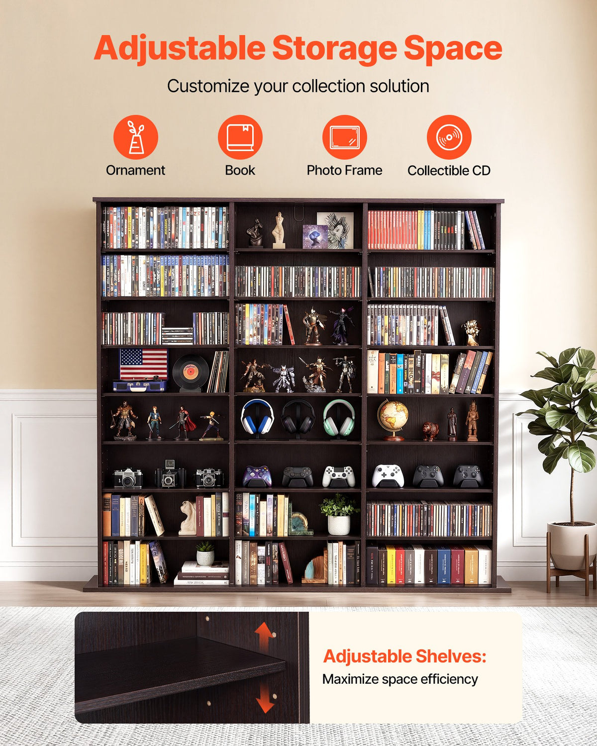 VEVOR multimediju uzglabāšanas skapis ar 8 līmeņiem, DVD plauktu organizators 142 x 22 x 130 cm CD, DVD, grāmatām un spēlēm, plaukts viesistabai, mājas birojam un ierakstu telpai, brūns - ZEMLETES.LV