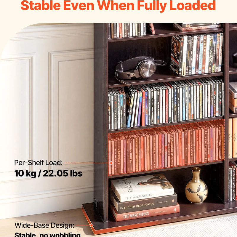 VEVOR multimediju uzglabāšanas skapis ar 8 līmeņiem, DVD plauktu organizators 142 x 22 x 130 cm CD, DVD, grāmatām un spēlēm, plaukts viesistabai, mājas birojam un ierakstu telpai, brūns - ZEMLETES.LV