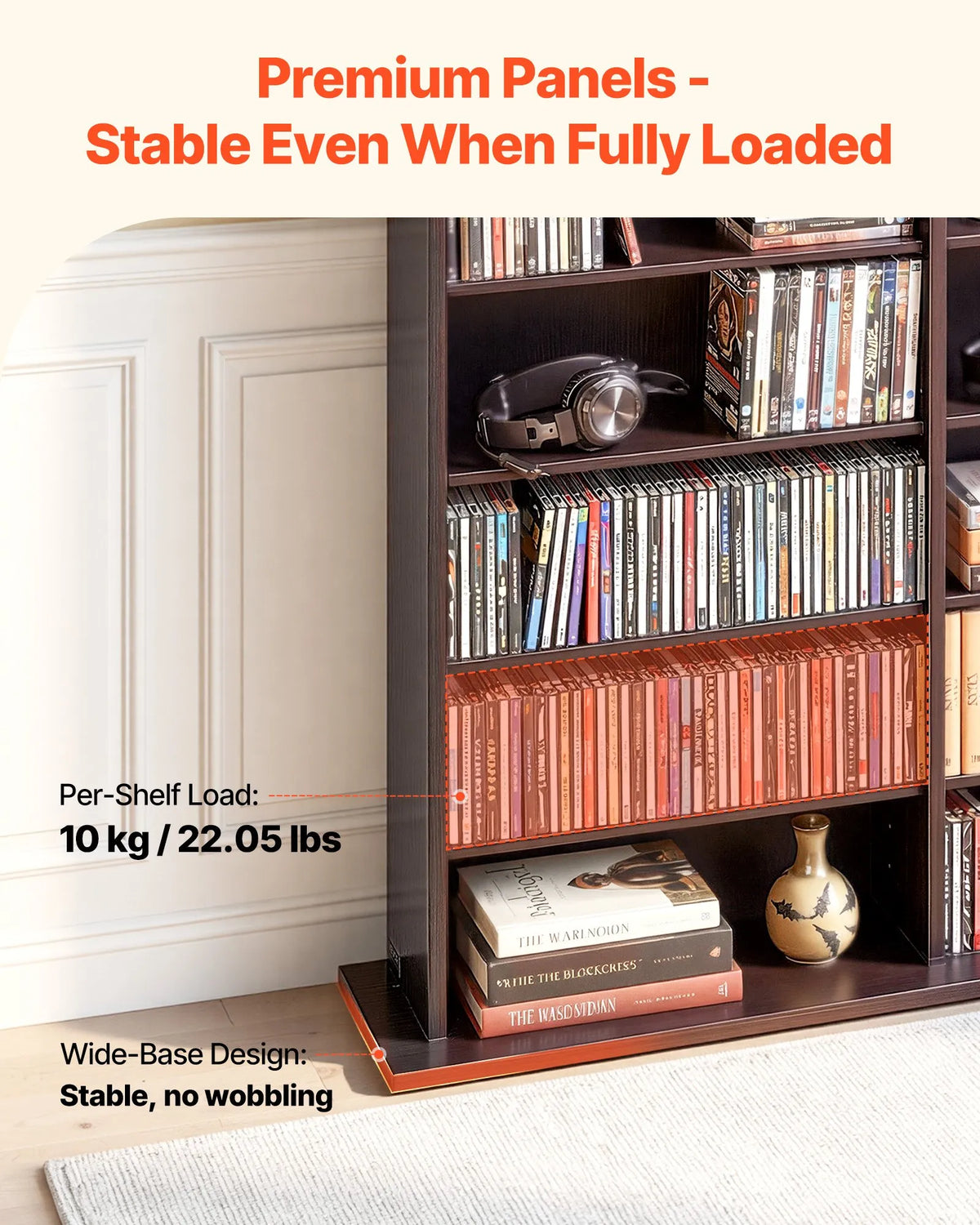 VEVOR multimediju uzglabāšanas skapis ar 8 līmeņiem, DVD plauktu organizators 142 x 22 x 130 cm CD, DVD, grāmatām un spēlēm, plaukts viesistabai, mājas birojam un ierakstu telpai, brūns - ZEMLETES.LV