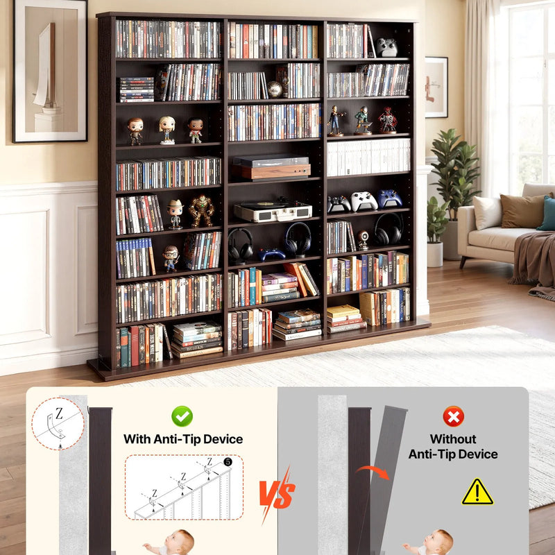 VEVOR multimediju uzglabāšanas skapis ar 8 līmeņiem, DVD plauktu organizators 142 x 22 x 130 cm CD, DVD, grāmatām un spēlēm, plaukts viesistabai, mājas birojam un ierakstu telpai, brūns - ZEMLETES.LV