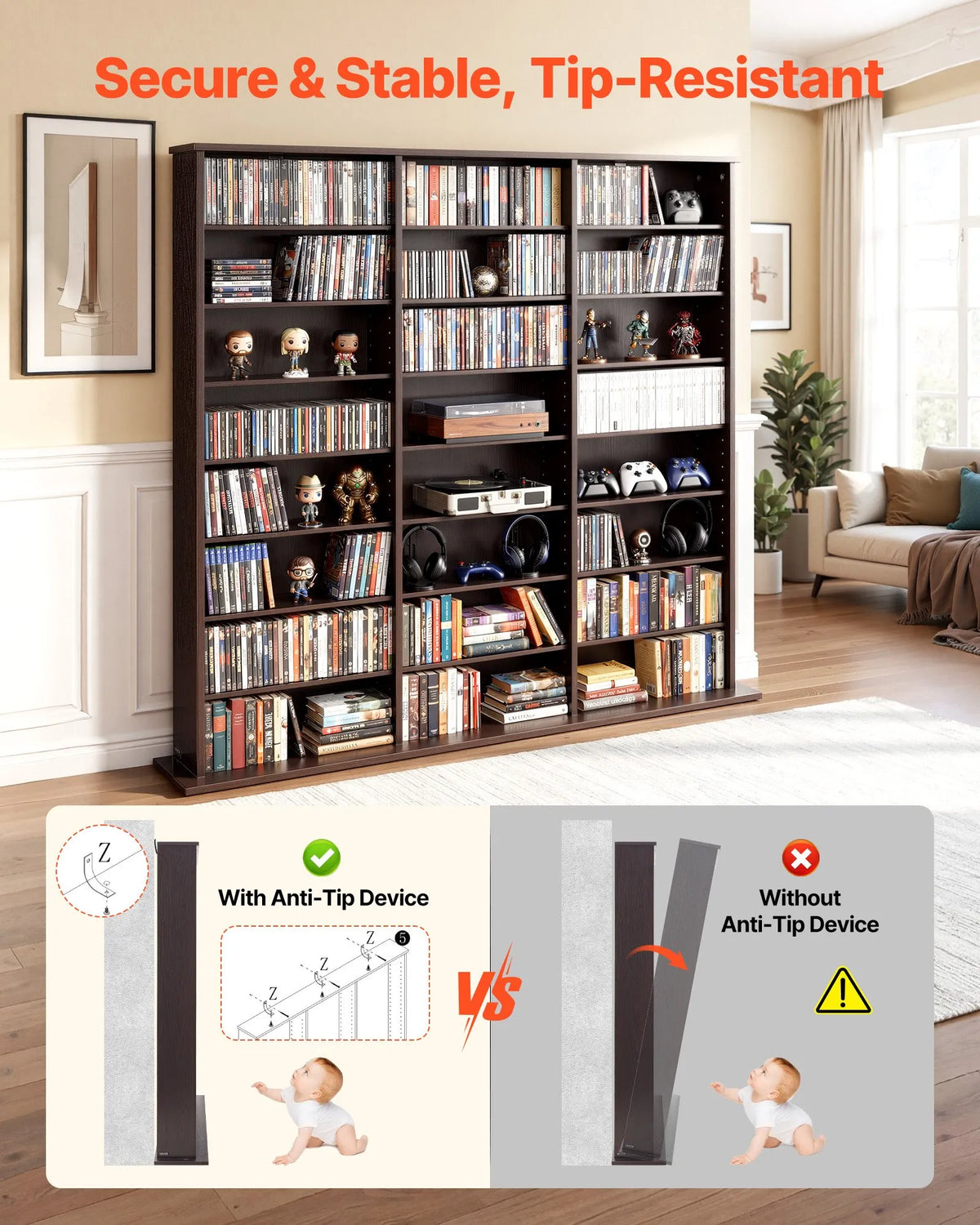 VEVOR multimediju uzglabāšanas skapis ar 8 līmeņiem, DVD plauktu organizators 142 x 22 x 130 cm CD, DVD, grāmatām un spēlēm, plaukts viesistabai, mājas birojam un ierakstu telpai, brūns - ZEMLETES.LV