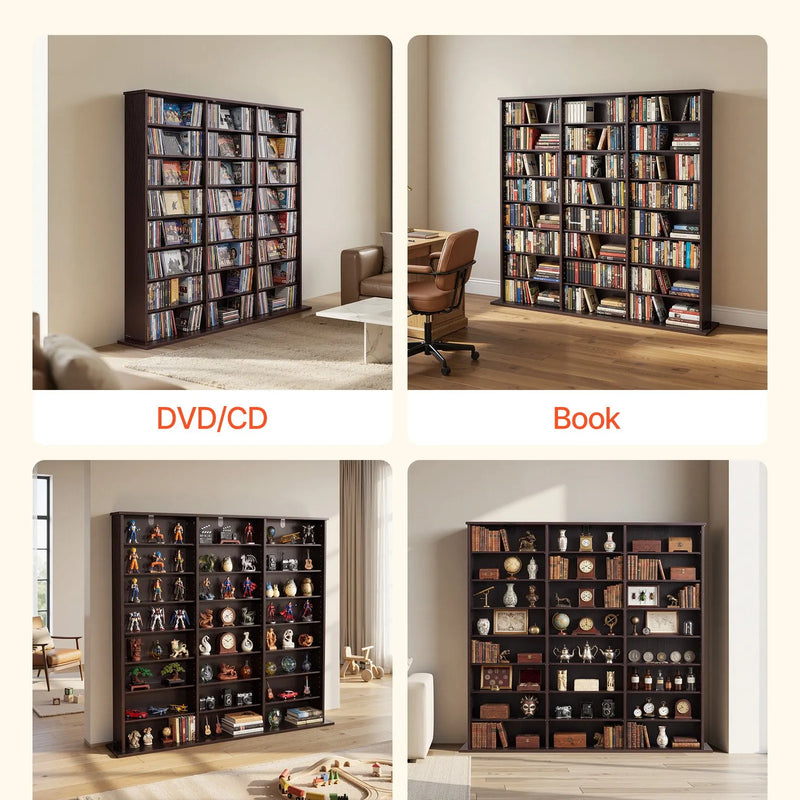 VEVOR multimediju uzglabāšanas skapis ar 8 līmeņiem, DVD plauktu organizators 142 x 22 x 130 cm CD, DVD, grāmatām un spēlēm, plaukts viesistabai, mājas birojam un ierakstu telpai, brūns - ZEMLETES.LV