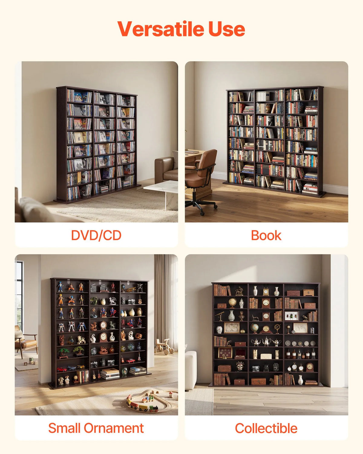 VEVOR multimediju uzglabāšanas skapis ar 8 līmeņiem, DVD plauktu organizators 142 x 22 x 130 cm CD, DVD, grāmatām un spēlēm, plaukts viesistabai, mājas birojam un ierakstu telpai, brūns - ZEMLETES.LV