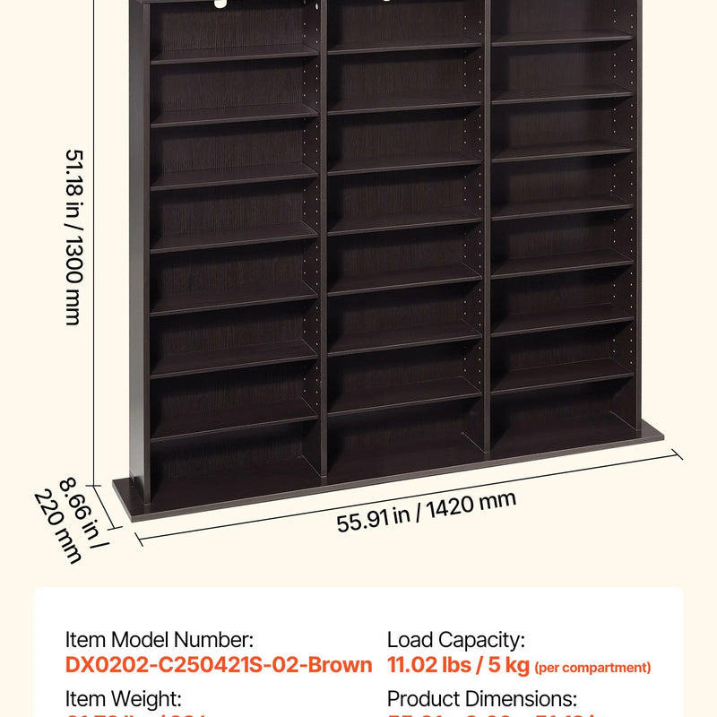 VEVOR multimediju uzglabāšanas skapis ar 8 līmeņiem, DVD plauktu organizators 142 x 22 x 130 cm CD, DVD, grāmatām un spēlēm, plaukts viesistabai, mājas birojam un ierakstu telpai, brūns - ZEMLETES.LV