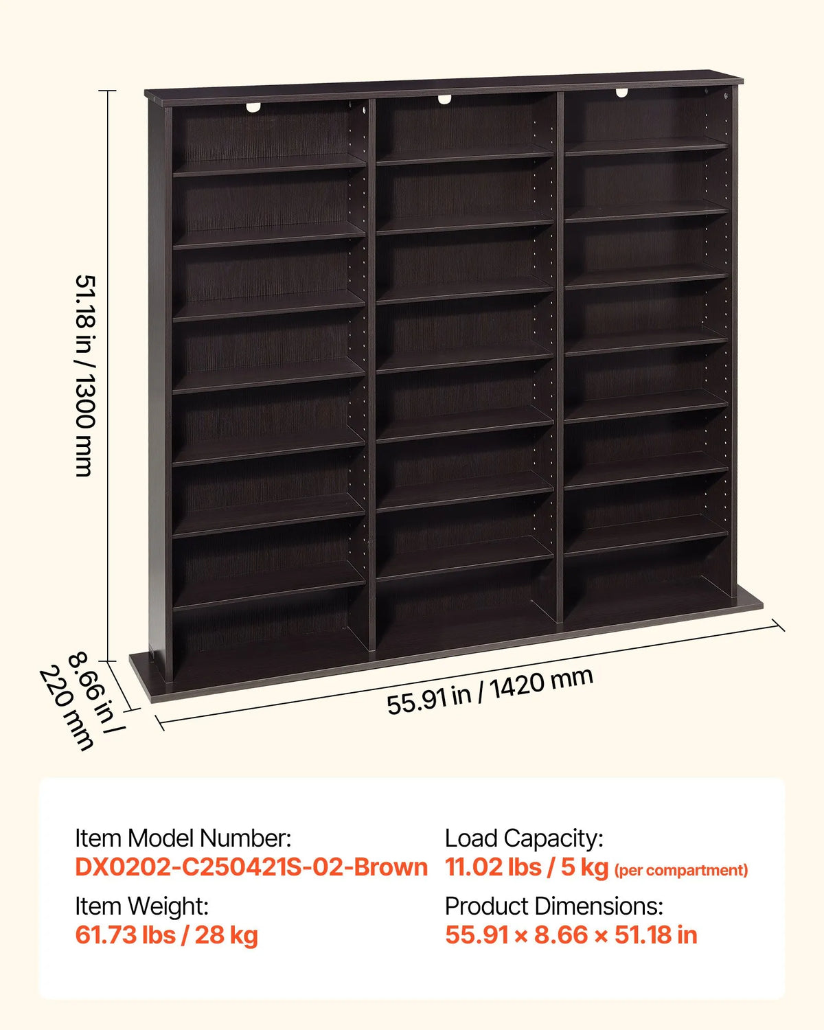 VEVOR multimediju uzglabāšanas skapis ar 8 līmeņiem, DVD plauktu organizators 142 x 22 x 130 cm CD, DVD, grāmatām un spēlēm, plaukts viesistabai, mājas birojam un ierakstu telpai, brūns - ZEMLETES.LV
