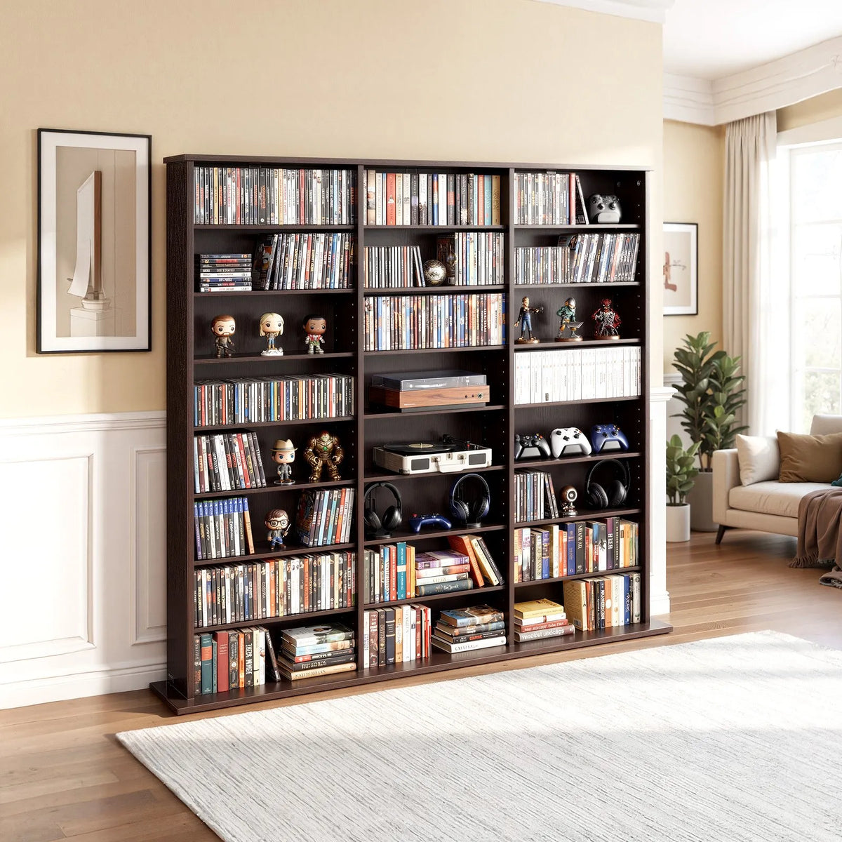VEVOR multimediju uzglabāšanas skapis ar 8 līmeņiem, DVD plauktu organizators 142 x 22 x 130 cm CD, DVD, grāmatām un spēlēm, plaukts viesistabai, mājas birojam un ierakstu telpai, brūns - ZEMLETES.LV
